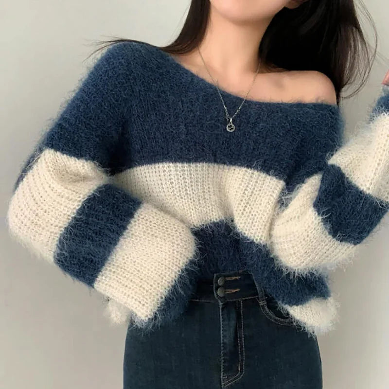 Pull Rayé Mohair Femme Automne Hiver