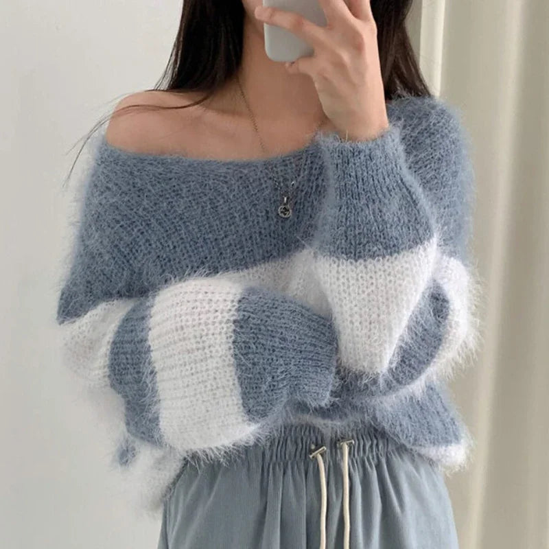 Pull Rayé Mohair Femme Automne Hiver