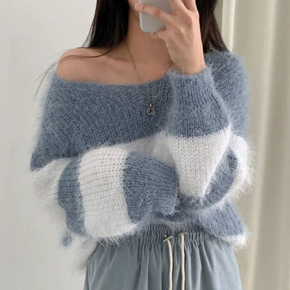 Pull Rayé Mohair Femme Automne Hiver