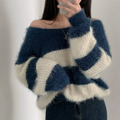 Pull Rayé Mohair Femme Automne Hiver