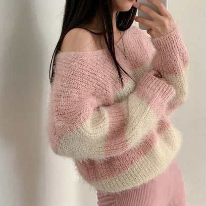 Pull Rayé Mohair Femme Automne Hiver