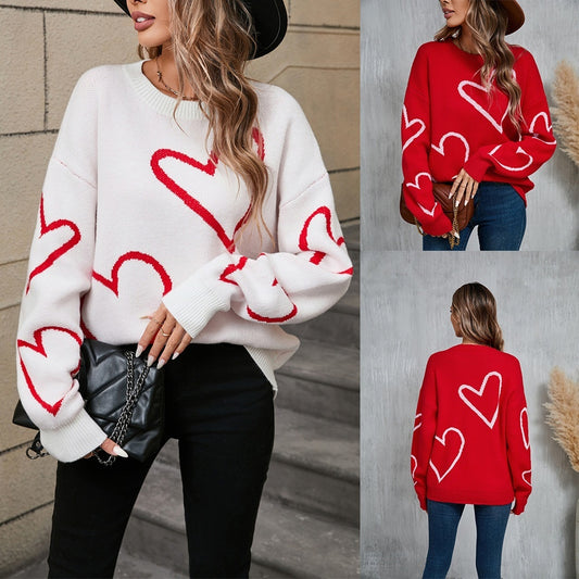 Pull Saint-Valentin Femme Cœur Pêche Contrasté